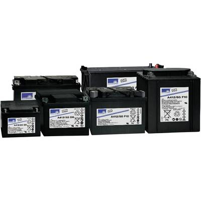 Différents modèles de batteries de la marque Sonnenschein en noir, disposés côte à côte, présentent des étiquettes avec des détails techniques.