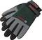 Gants de protection avec paume grise et noire et matériau supérieur vert. Logo 'Bosch' en rouge sur le dos de la main.
