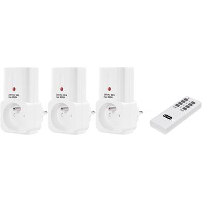 Trois adaptateurs de prise blancs avec bouton rouge, 230V, 50 Hz, max. 2000W, à côté d'une télécommande portant les inscriptions 'ON' et 'OFF'.