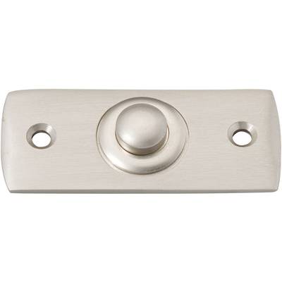 Un bouton de porte rectangulaire aspect métal avec deux trous de fixation à gauche et à droite.