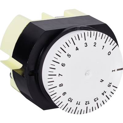 Minuteur mécanique rotatif avec échelles numérotées de 1 à 24 pour le réglage du temps. Boîtier noir, cadran blanc.