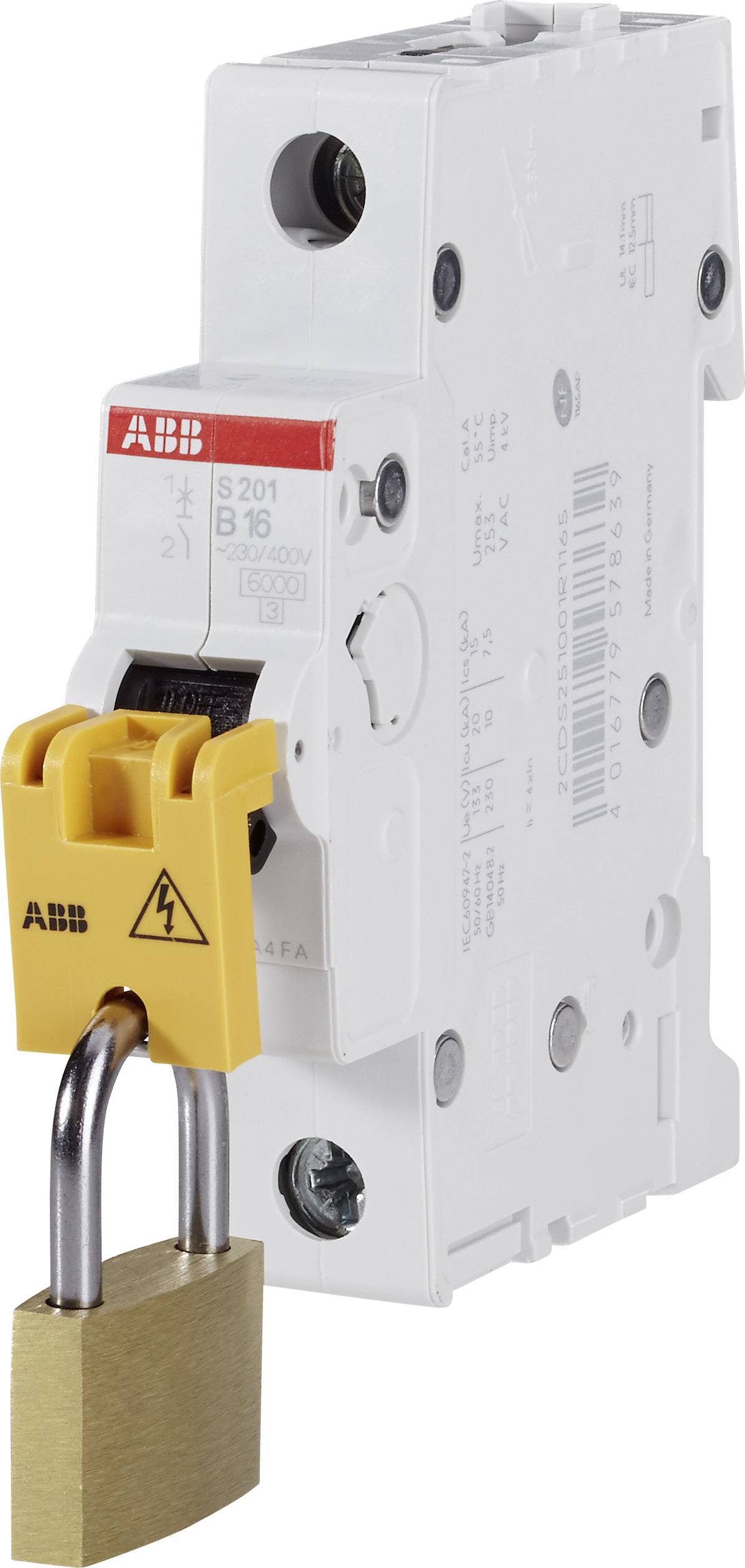 Un disjoncteur ABB sécurisé par un cadenas jaune. Le cadenas présente un symbole d'avertissement de danger électrique.