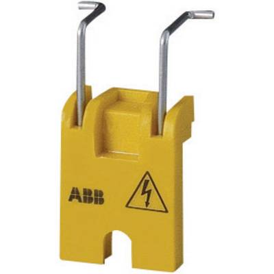 Outil d'isolation jaune portant le logo ABB et un symbole d'avertissement de tension électrique, équipé de deux crochets métalliques.