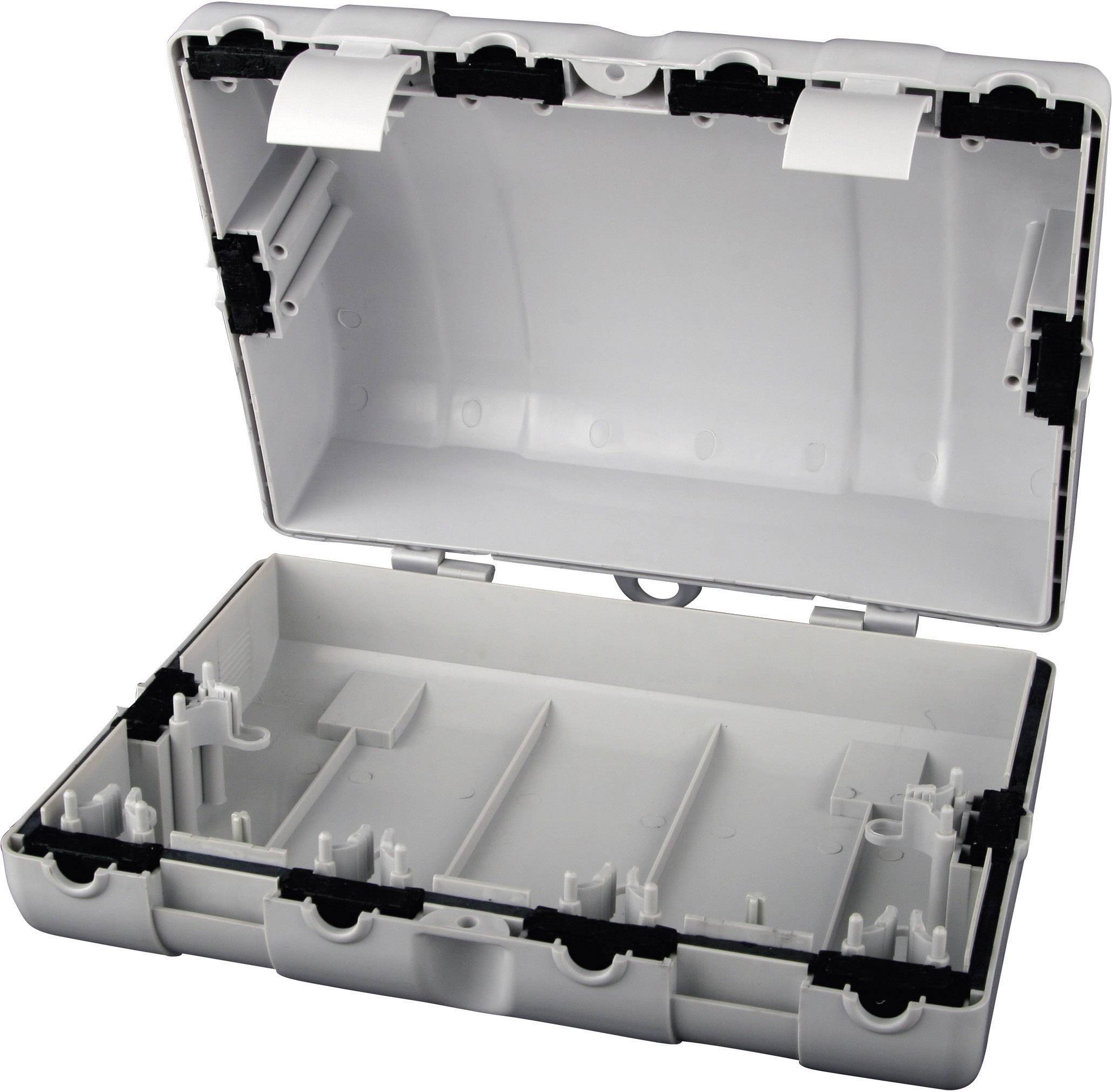 Mallette en plastique ouverte et vide, avec des compartiments pour le rangement d'objets.