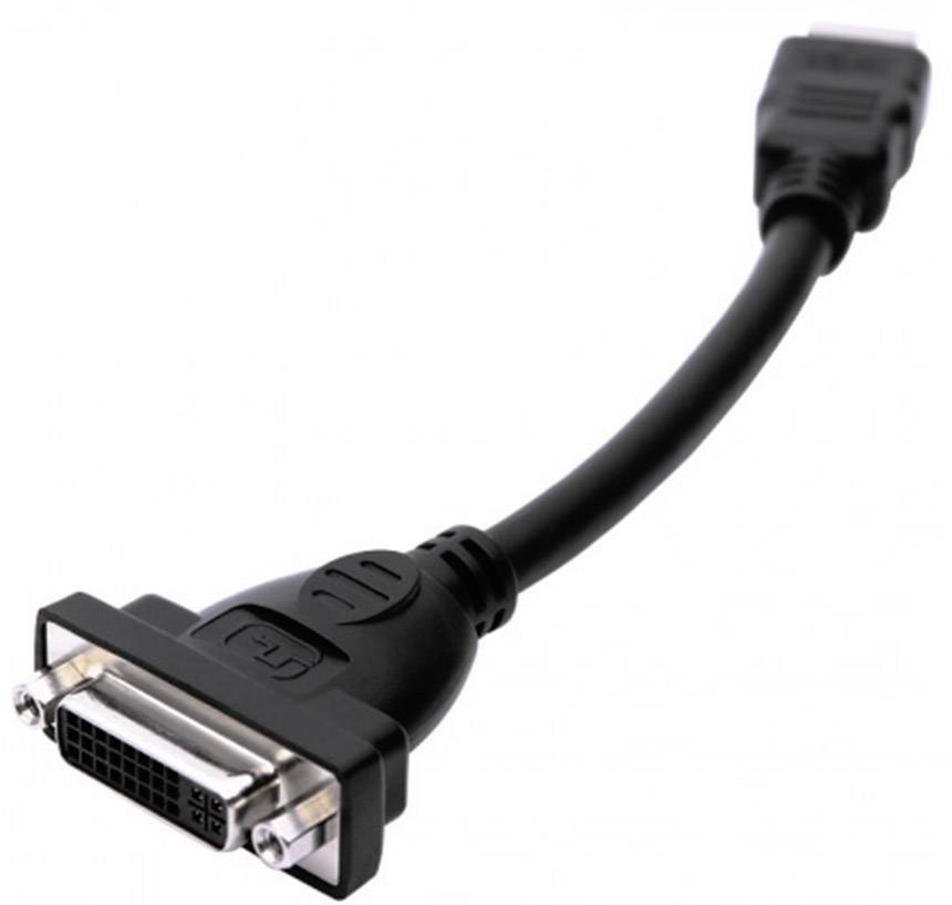 Câble noir avec une fiche DVI à une extrémité et une fiche HDMI à l'autre ; utilisé pour connecter des sources vidéo à des écrans.