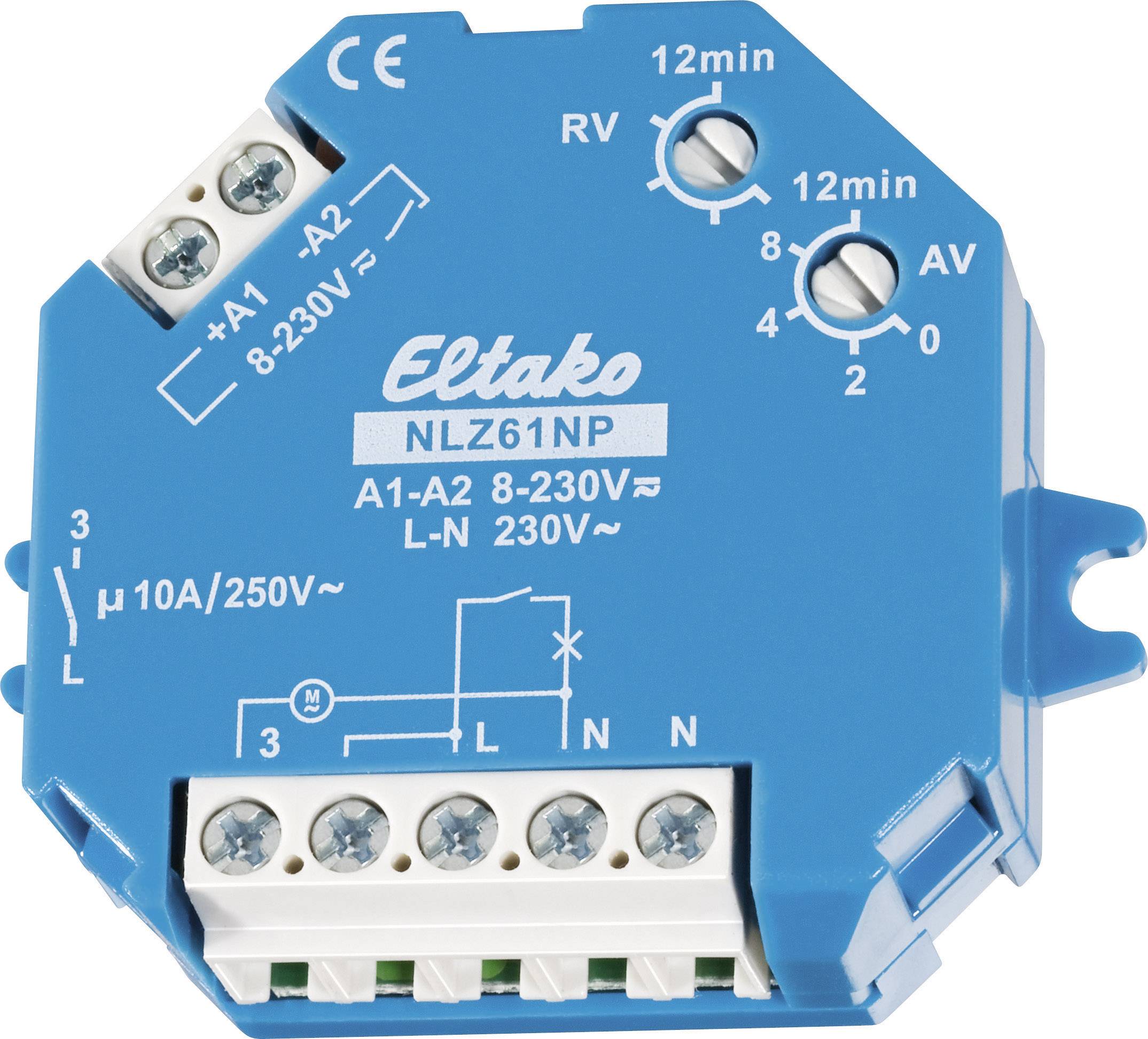 Interrupteur temporisé d'éclairage d'escalier électromécanique bleu Eltako, modèle NLZ61NP, pour 8-230V avec connexions et instructions d'utilisation.