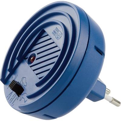 Protège-prise bleu, rond, pour enfants, comprenant une fiche et un cache qui empêche les enfants d'utiliser la prise électrique.