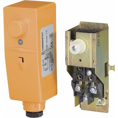 Thermostat orange avec partie de boîtier amovible, montrant le câblage interne et le bouton de réglage.