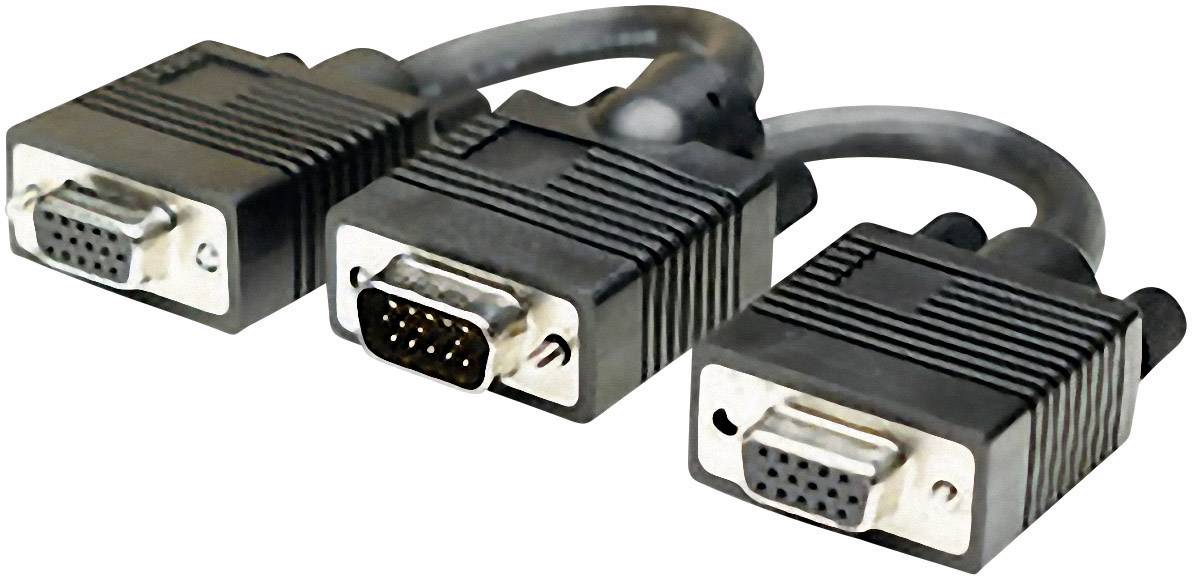 Trois fiches VGA avec des câbles noirs côte à côte, utilisées pour la transmission de signaux vidéo analogiques entre ordinateurs et écrans.