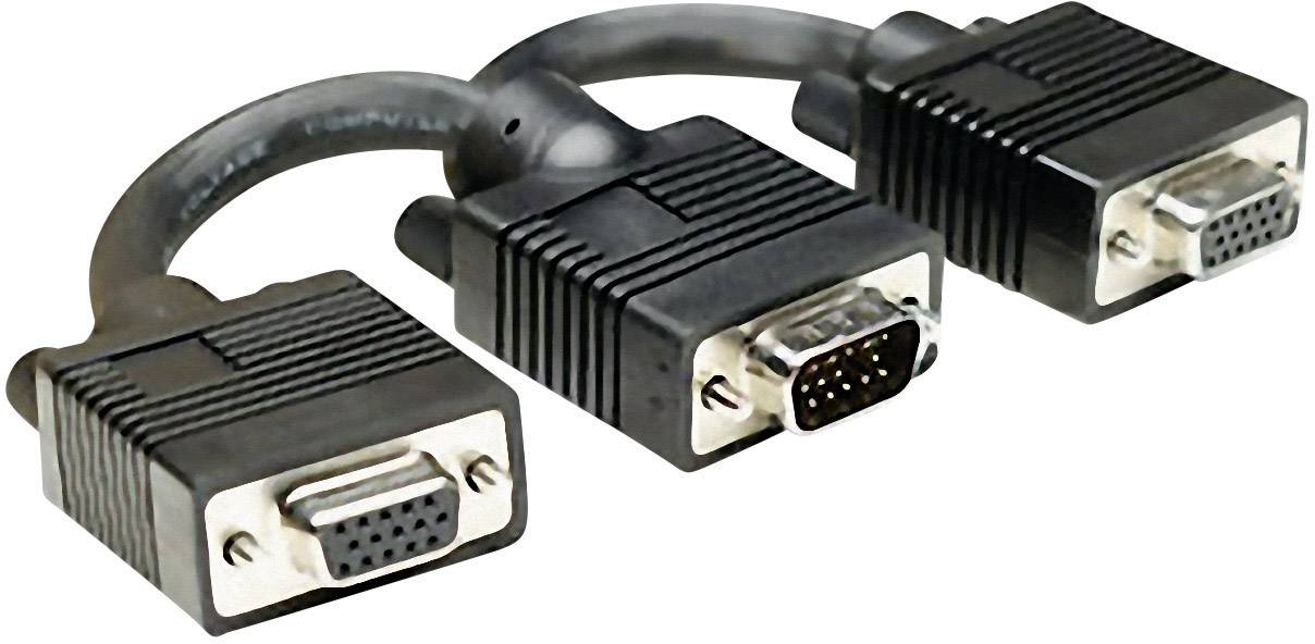 'Trois fiches VGA sur un seul câble, adaptées pour connecter des moniteurs ou des projecteurs à des ordinateurs.'