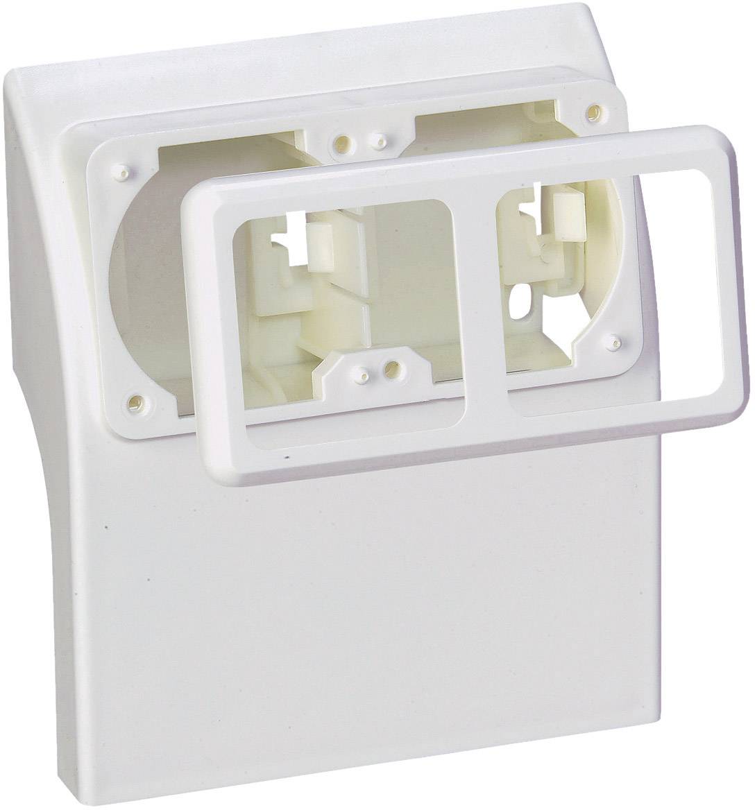 Une couverture en plastique blanc avec la façade avant retirée, présentant un espace pour deux prises ou interrupteurs. Idéal pour les installations électriques.