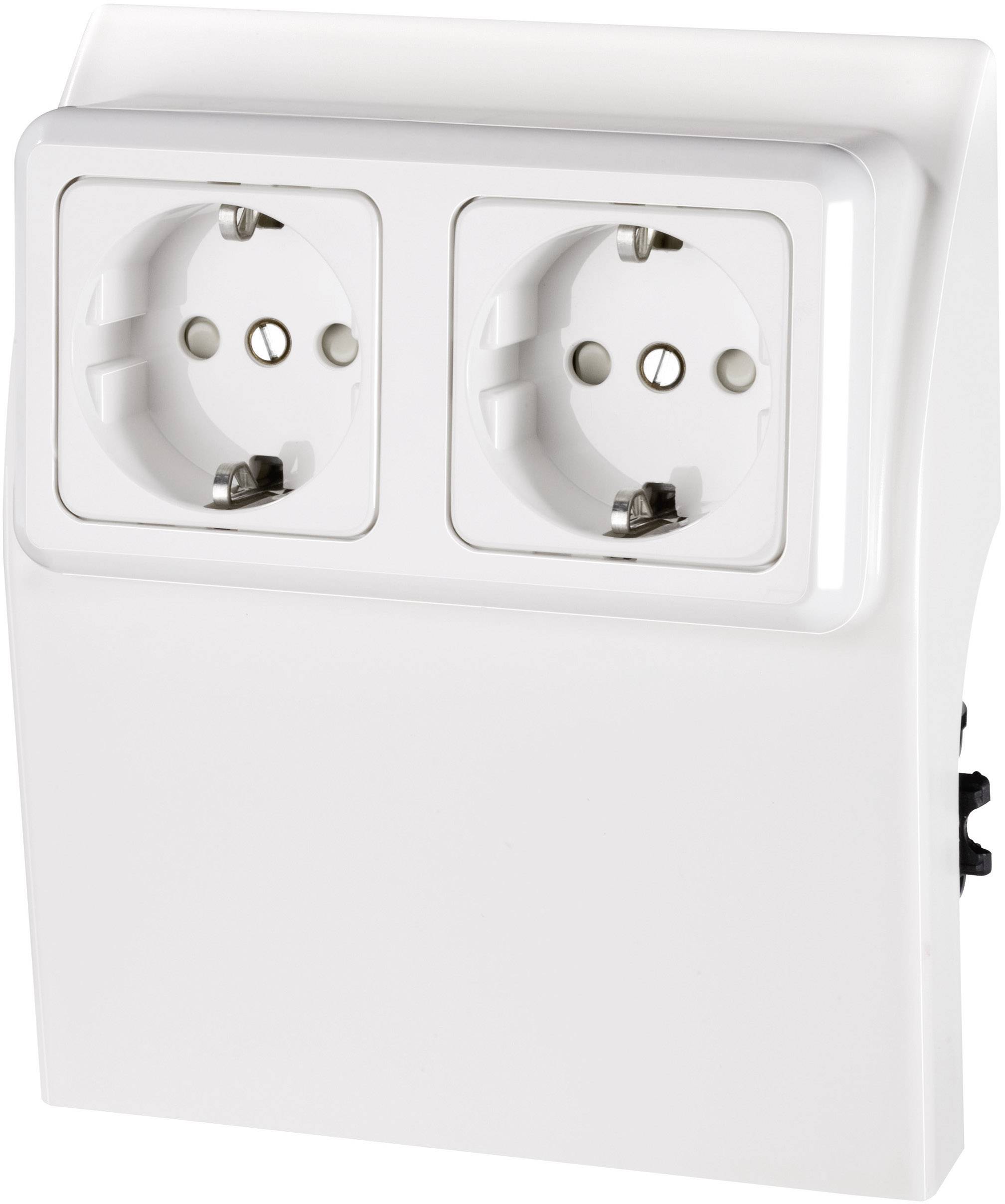 Deux prises électriques blanches côte à côte, montées dans un cadre carré, destinées au branchement d'appareils électriques.