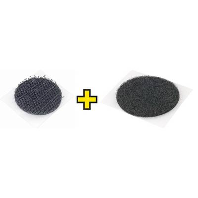 Deux côtés de fermeture auto-agrippante ronds, l'un avec des crochets et l'autre avec des boucles, avec un signe plus jaune entre les deux.