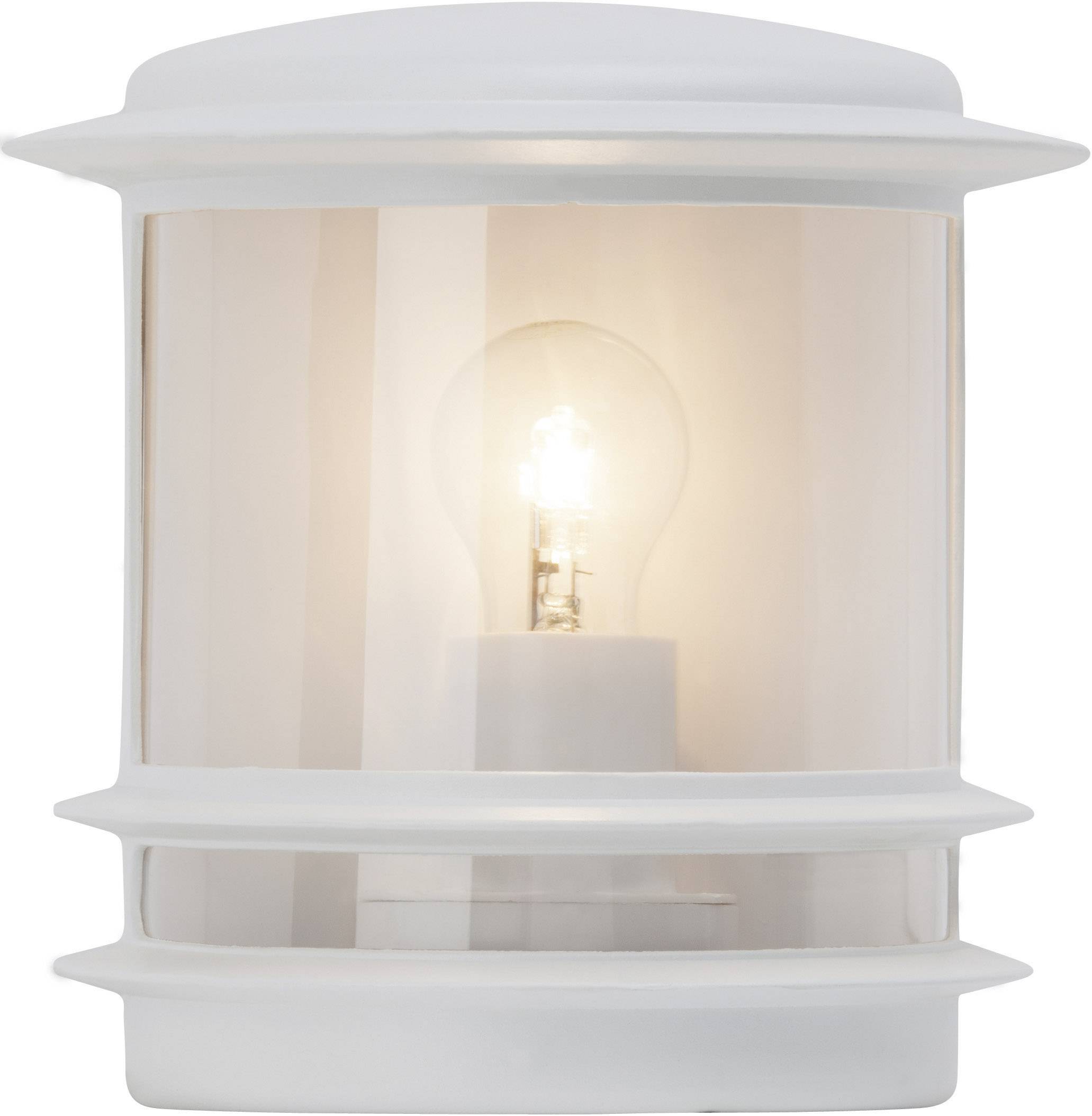 Applique murale blanche avec ampoule visible derrière un boîtier transparent. Convient parfaitement aux espaces intérieurs modernes.