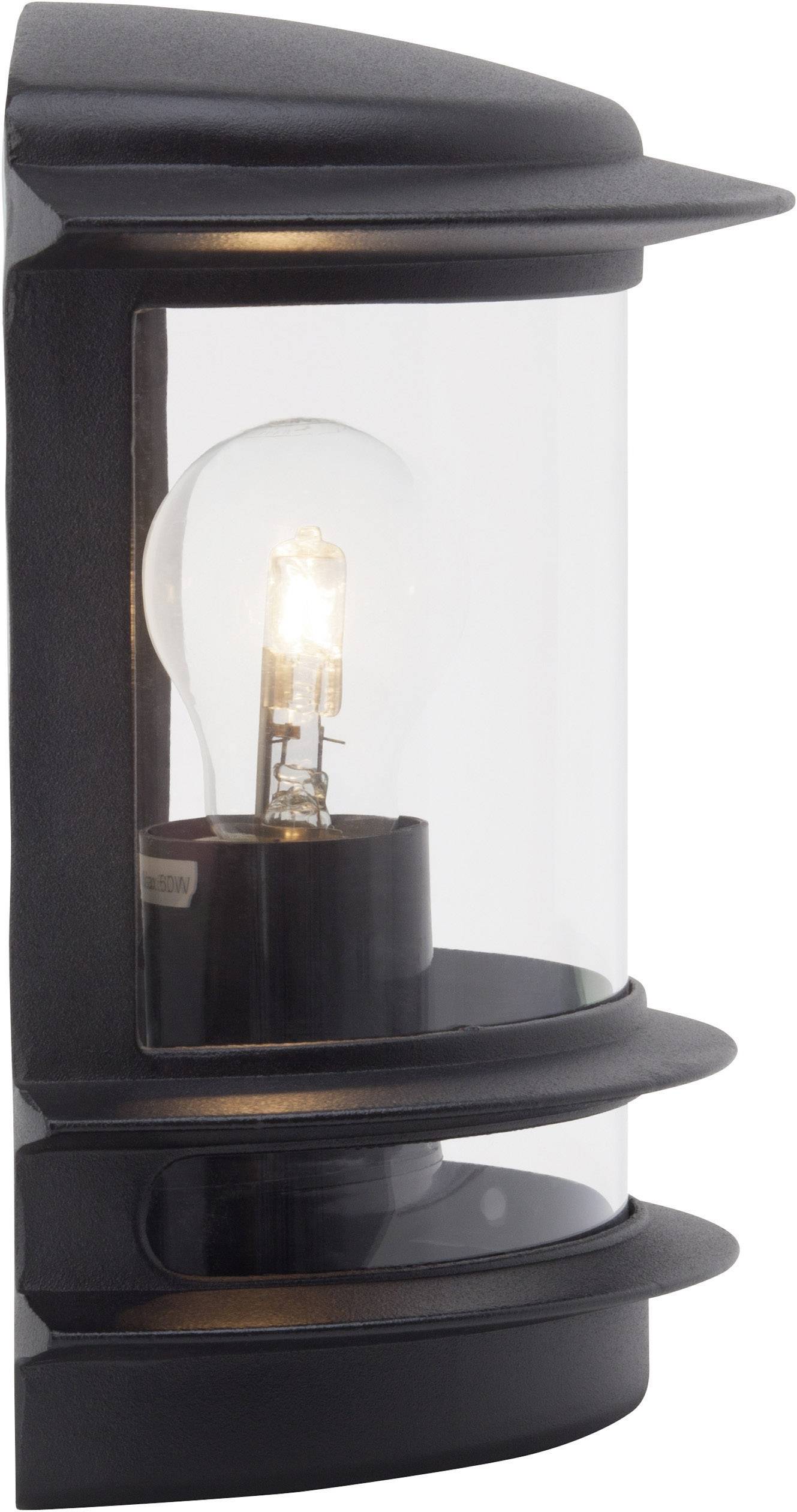 Un applique murale moderne en noir avec un abat-jour en verre transparent et une ampoule visible. Idéal pour l'éclairage extérieur.