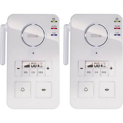 Deux interphones blancs avec régulateurs de volume, voyants LED pour TX/RX et VOX, ainsi que des touches pour le volume, la sélection de canal, la sonnerie et le microphone.