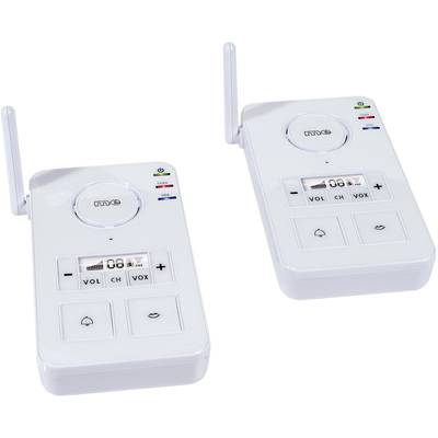 Deux unités de babyphone blanches avec des antennes et des écrans numériques affichant les réglages de volume et de canal.