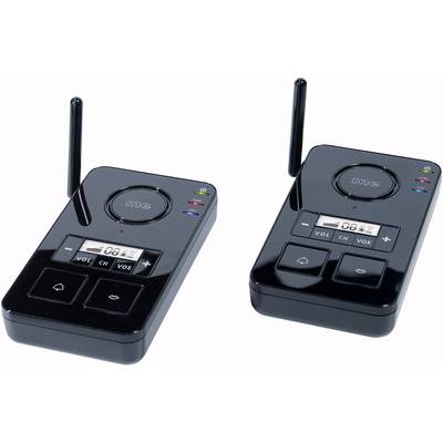 Deux talkies-walkies noirs sans fil avec des antennes et des boutons pour le réglage du volume et le changement de canal, disposés côte à côte.