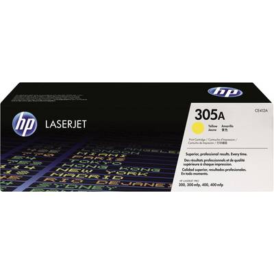 Cartouche de toner HP LaserJet 305A Jaune. Emballage indiquant la compatibilité de l'imprimante. Résultats de haute qualité, impressions professionnelles.