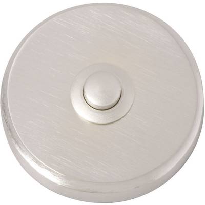 Bouton rond argenté avec surface brossée, situé au centre d'un plateau circulaire de la même couleur.