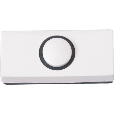 Un bouton de porte blanc avec un cercle noir au centre, de forme rectangulaire.