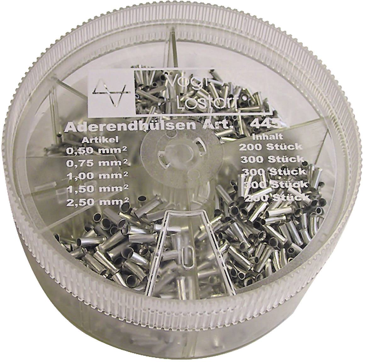 Boîte en plastique ronde contenant des embouts de câble de différentes tailles et quantités (200, 300, 500 pièces) en millimètres carrés (0,50 à 2,50 mm²).