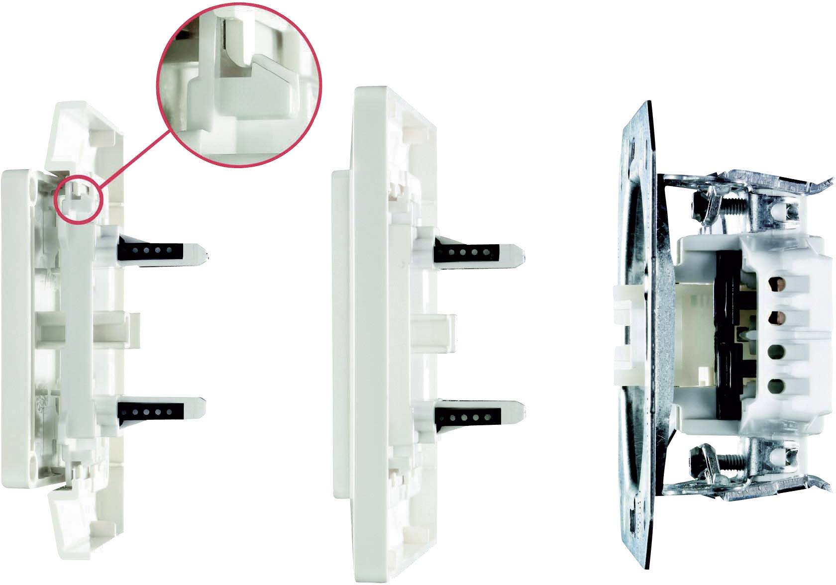 'Illustration d'un interrupteur mural avec des vues latérales. Détails de fixation et de raccordements électriques visibles.'