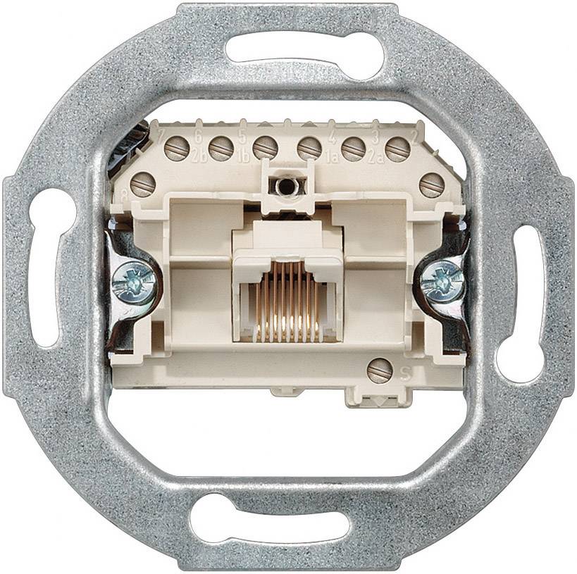 Une prise électrique murale en cadre métallique, avec des vis de fixation et des bornes de connexion visibles.