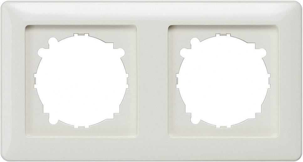 Cadre double pour prises électriques en plastique, sans insert, de forme rectangulaire. Idéal pour le montage au-dessus de deux prises de courant.