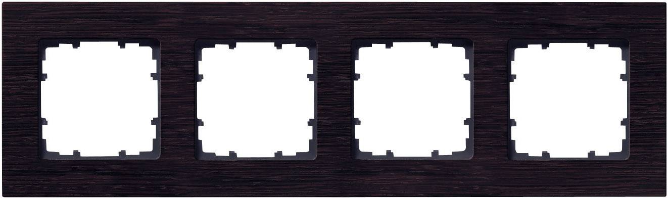 Cadre quadruple en bois sombre sans interrupteurs intégrés, conçu pour la fixation de quatre appareils électriques au mur.