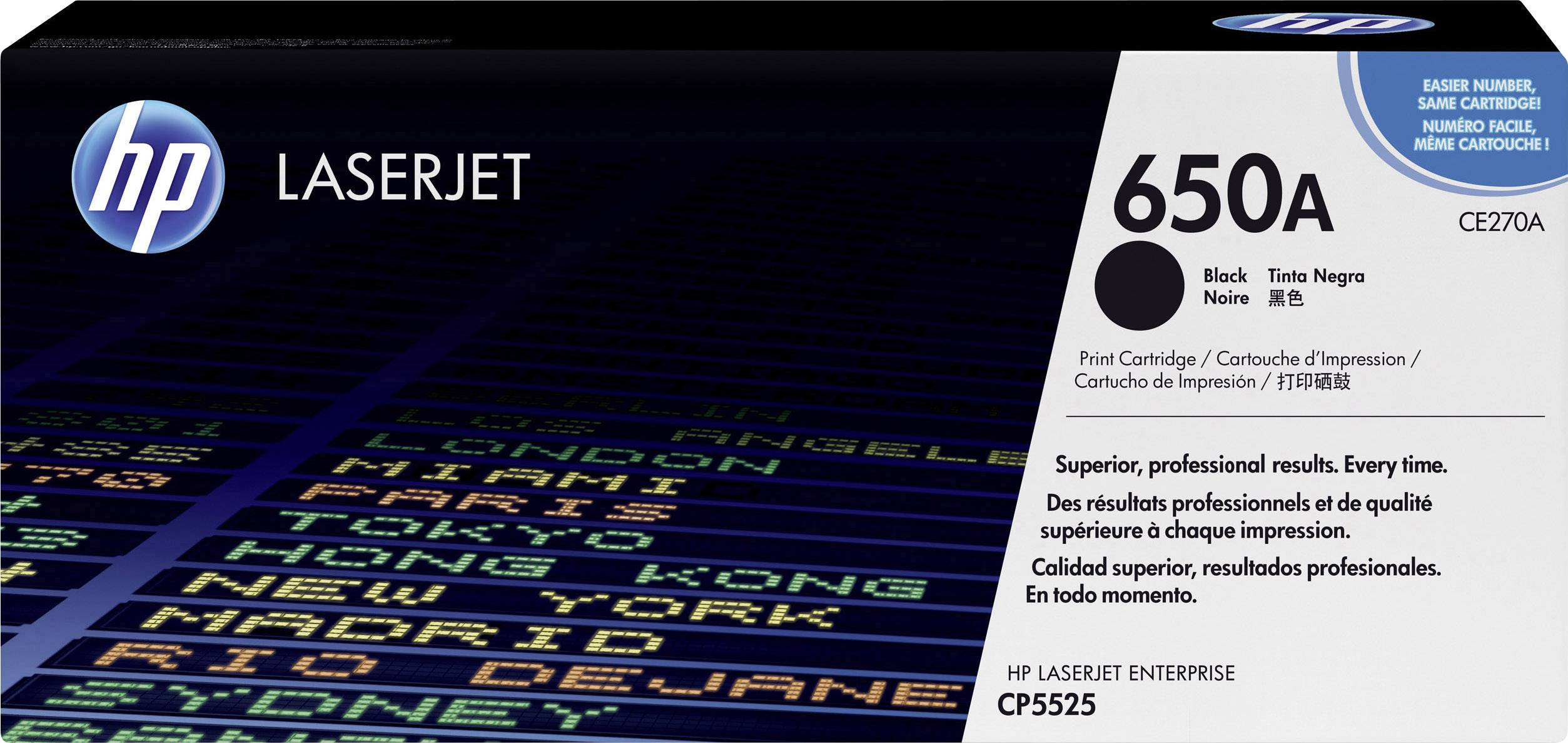 Toner HP LaserJet 650A en noir pour les modèles d'imprimante HP LaserJet Enterprise CP5525. Emballage avec des noms de villes internationales en arrière-plan.
