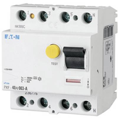 Un disjoncteur blanc avec un bouton de test jaune et un levier noir, portant l'inscription 'Eaton' et des spécifications techniques.