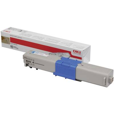Cartouche de toner OKI en gris et bleu, avec l'emballage visible en arrière-plan. Adaptée pour les impressions couleur.