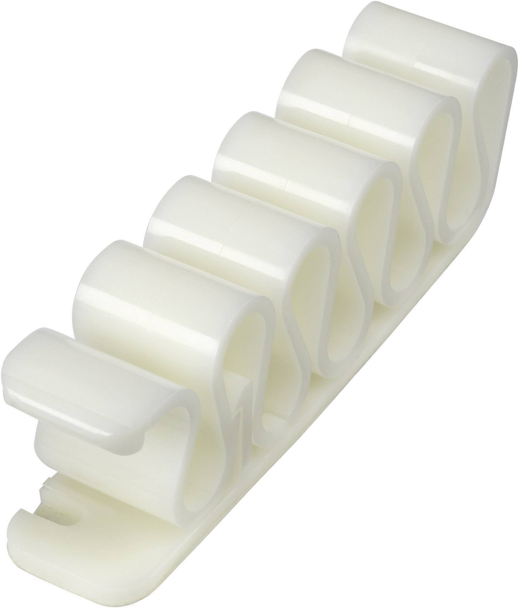 Support en plastique blanc avec cinq boucles, adapté pour organiser des câbles ou de petits objets.