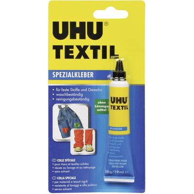 'Emballage de la colle spéciale UHU Textil, adaptée aux tissus et étoffes, résistante au lavage. Contient des exemples d'application et des informations sur le produit.'