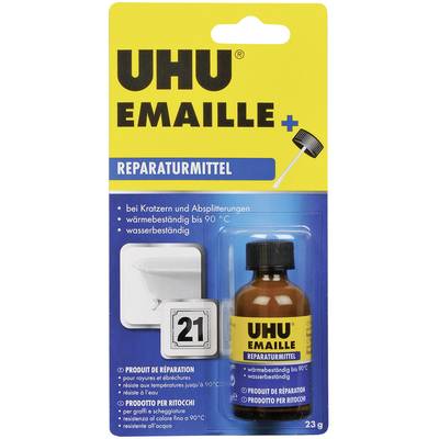 Moyen de réparation d'émail UHU dans un emballage. Convient pour les rayures et les écaillures, étanche jusqu'à 90°C, contient 23g.