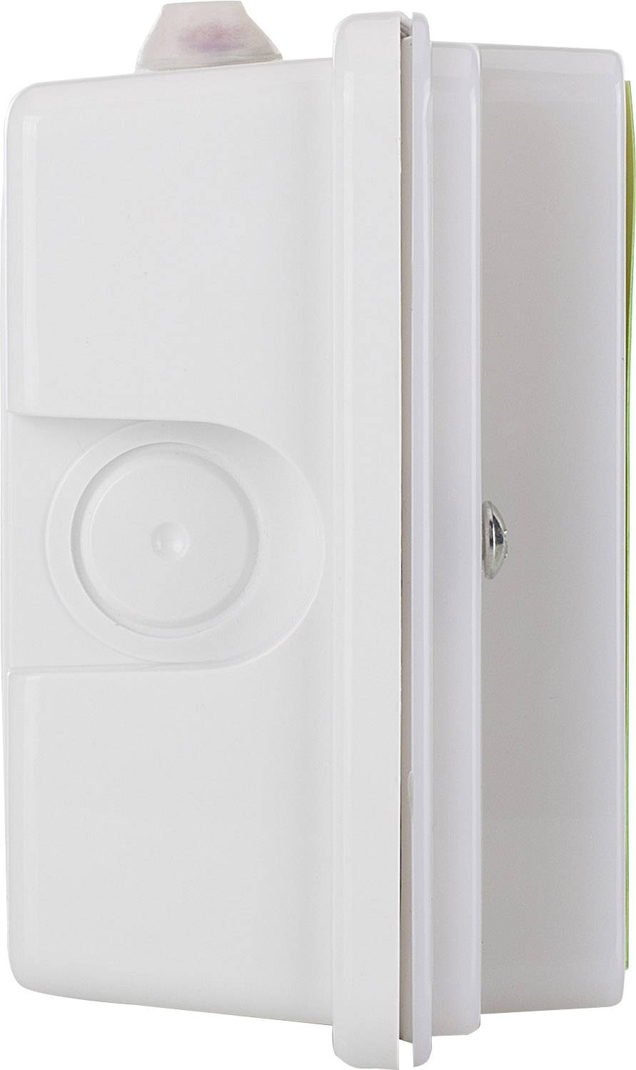 Boîte en plastique blanche rectangulaire aux coins arrondis, avec un marquage circulaire en creux sur la face avant.