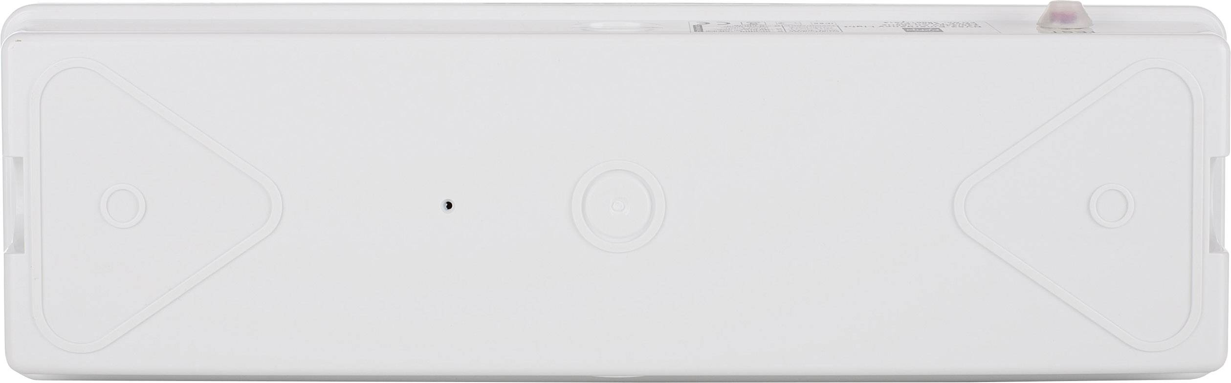 Un appareil rectangulaire blanc avec des motifs géométriques et un petit trou au milieu, probablement un capteur ou un point d'accès sans fil.