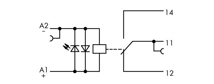 'Schéma schématique d'un circuit électrique avec relais, incluant des bobines, des diodes et des bornes de contact 11, 12, 14.'
