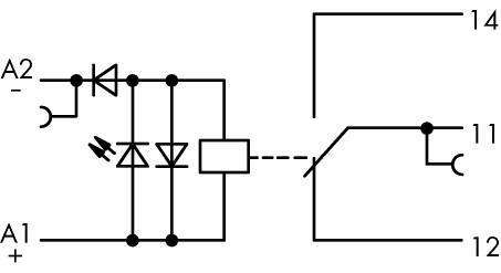 Le schéma montre une diode, une LED, une résistance et un interrupteur, connectés aux bornes A1, A2, 11, 12 et 14.