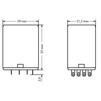 Dessin technique de deux composants rectangulaires avec dimensions : À gauche 28x35x5,8 mm, à droite 21,5x35 mm. Les deux ont des broches de connexion en bas.