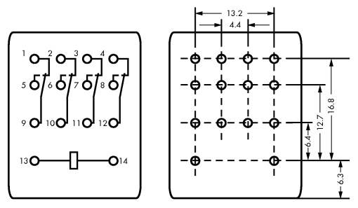 Schéma de câblage d'un relais à 14 broches ; à gauche numérotation et connexions ; à droite écartement des broches : 13,2 mm horizontalement, 6,4 mm verticalement.