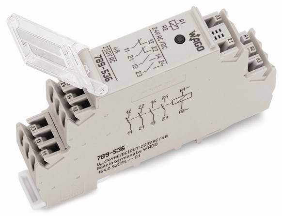 Un module de bornes électrique avec plusieurs bornes de connexion, portant les étiquettes '789-536' et 'WAGO', un bouton de test bleu, et un couvercle rabattable.