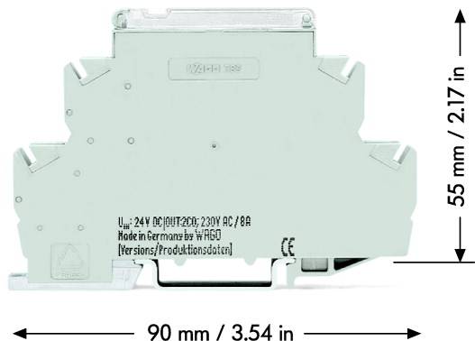 Un appareil électronique gris, de forme rectangulaire, portant l'inscription : '24V DC/10-30V AC/8A'. Dimensions : 90 mm de large, 55 mm de hauteur.