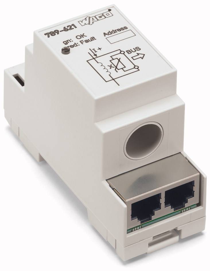 Un module de terminaison de bus WAGO avec deux connexions RJ45 et un indicateur de statut pour OK et erreur. Diagramme de configuration de connexion.