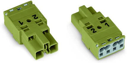 Ensemble de connecteurs verts avec deux connexions numérotées ('1' et '2'). À gauche, le composant mâle et à droite, le composant femelle.