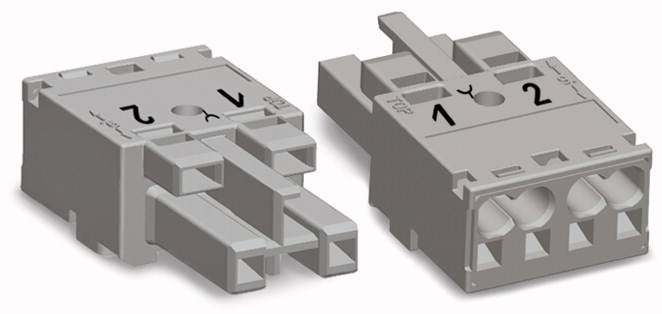 Deux connecteurs électriques gris avec des numéros identifiant les broches, représentés sous différentes perspectives.