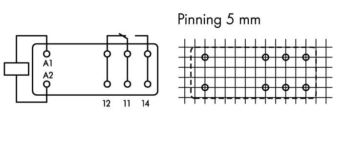 Symbole de commutation d'un composant électrique avec contacts A1, A2, 12, 11 et 14 ; pas de grille de 5 mm indiqué.