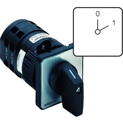 Commutateur à poignée rotative en position 0, avec échelle de 0 à 1 indiquée sur le diagramme affiché en haut à droite.