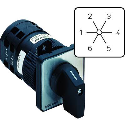 Commutateur rotatif à 6 positions, avec un schéma des positions représentant les positions de 1 à 6, utilisé pour les systèmes de commande électriques.